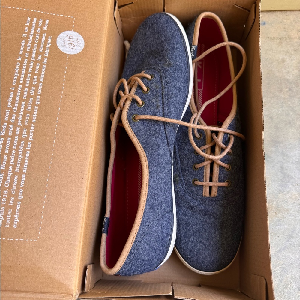 Keds women's Navy Wool-Blend Sneakers with Tan Trim